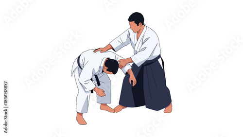 Martial arts training with a professional instructor practicing judo techniques