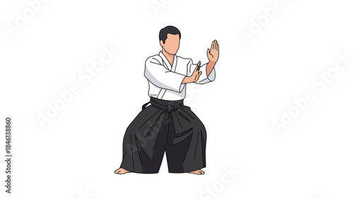 Martial arts practitioner demonstrating kata in traditional uniform on white background