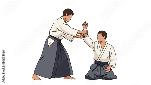 Martial arts training scene with two practitioners practicing traditional techniques