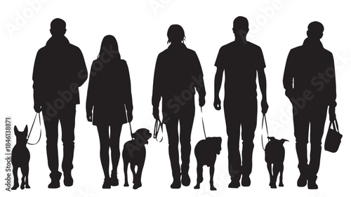 People Walking Dogs on Leashes Isolated on White Background