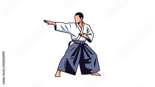 Martial artist practicing traditional karate stance with a wooden sword