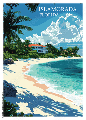 Captivating vector image of Islamorada, Florida, showcasing a luxurious beachfront villa, palm trees, and turquoise waters, perfect for travel and resort promotions