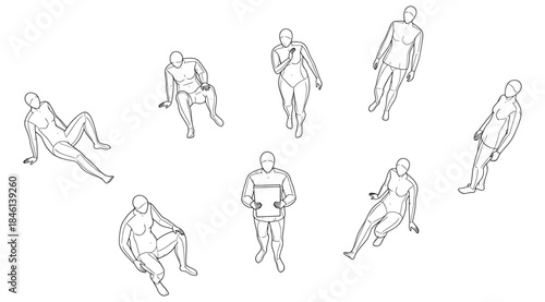 Line drawing of seven human figures arranged in circular composition, each in varied seated or reclining postures, minimal contour illustration emphasizing body language, ergonomics, anatomy, and arti
