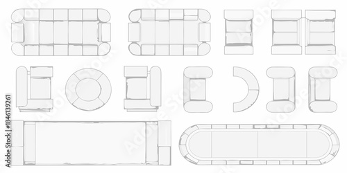 Overhead view of various modern sofa and seating arrangement designs