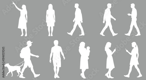 Collection of ten black silhouettes of people in varied poses and activities including walking, standing, pointing, waving, holding a baby, walking a dog, and using a phone, minimal contour illustrati