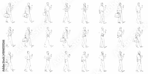 Line art illustration of walking people in business attire repeated pattern
