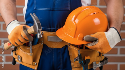 Closeup of bricklayer hands holding hardhat and construction equipment. Detail of mason man hands holding work gloves and wearing tool kit on waist. Handyman with tools belt and artisan equipment.