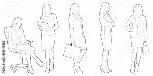 Line art illustration featuring five businesswomen in various professional poses