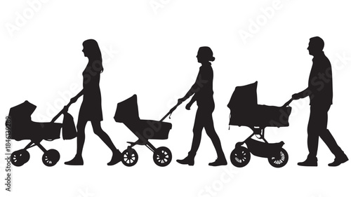 Family Members Walking with Baby Stroller Silhouettes Isolated on White