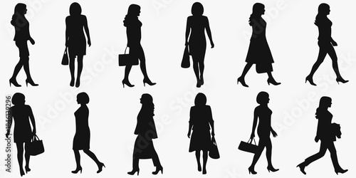 Silhouettes of fashionable women walking in various poses and outfits