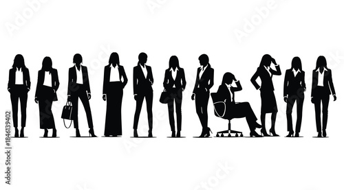 Businesswomen silhouettes in professional attire with chest badges, standing and seated poses, corporate diversity icons, workplace identity, HR recruitment, teamwork, leadership, office staff illustr