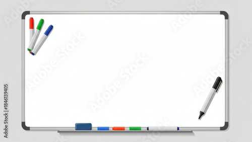 Empty whiteboard with marker pens and magnets. Business presentation office white board isolated vector mockup. Illustration of whiteboard clean with colored markers
