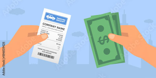 Close up view of hand holding cash and a parking receipt ticket use for parking and payment system a Flat vector illustration template