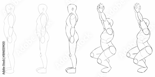 A series of anatomical sketches depicting a human figure in dynamic poses