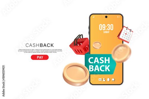 Illustration of a smartphone screen with cashback offer, coins, and shopping bag on a white background, with a promotional and financial theme.