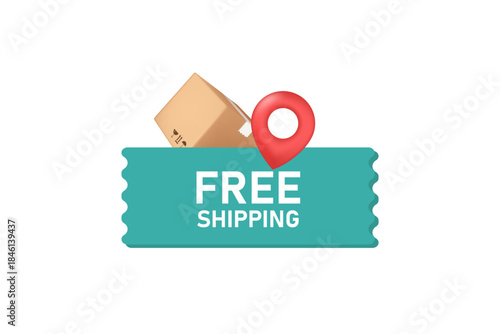 Graphic illustration of a teal shipping label with a cardboard box and red location pin indicating free delivery on a plain white background.