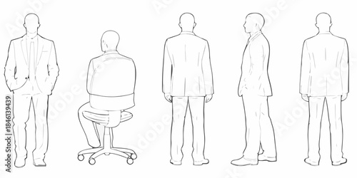 Sketch of a man in a suit displayed in multiple poses and perspectives