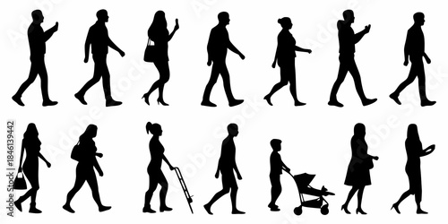Diverse group of people walking in various dynamic poses silhouette illustration