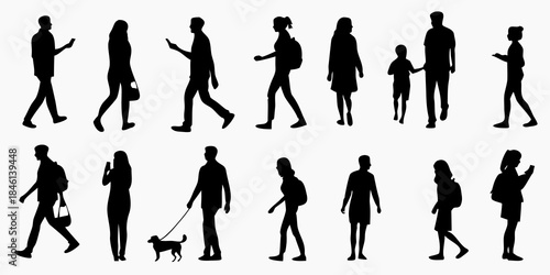 Silhouettes of people walking representing diverse postures and everyday life