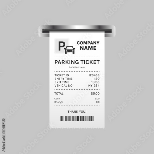 Car Parking Ticket Paper Receipt at Pay Machine Exit Terminal Before Barrier, Invoice for Parking Zone, Vector Illustration