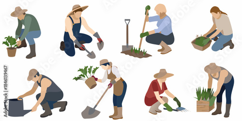 Diverse group of people gardening planting and tending to plants outdoors