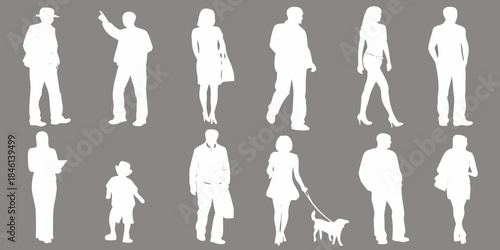 Silhouettes of diverse people and a dog against a gray background