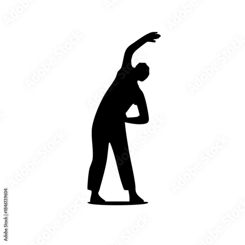 A black silhouette of a person stretches to the right, arm overhead, against a stark white background, creating a minimalist, fitness-focused, isolated figure.
