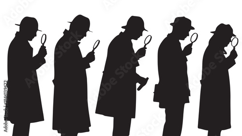 Detective Silhouettes Investigating with Magnifying Glasses Isolated on White Background