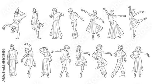 Stylized dance pose line drawings featuring 15 expressive figures in dynamic ballet, contemporary, and traditional movements, showcasing human motion, posture, rhythm, and artistic performance in mini