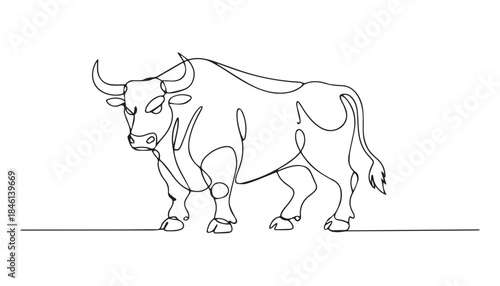 One continuous line illustration of an anger bull , isolated on white background.