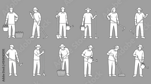 Silhouettes of workers performing manual labor tasks with tools including bucket, broom, mop, and inspection poses, representing occupational activities, domestic chores, maintenance, cleaning, and pr
