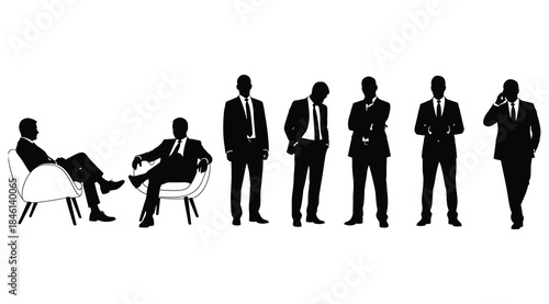 Business silhouettes in corporate attire featuring seven professionals standing and seated in conversation, with poses showing gestures, phone use, crossed arms, and confident stances, symbolizing wor