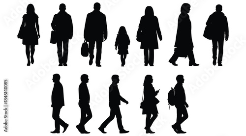 Silhouettes of adults and child in standing and walking poses with coats, handbags, and varied gestures, representing family, diversity, lifestyle, posture, movement, and human figure illustration for