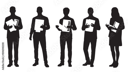 Business People Reading Documents in Silhouette on White Background