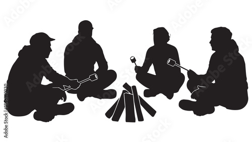 Group of Friends Roasting Marshmallows over Campfire Silhouette