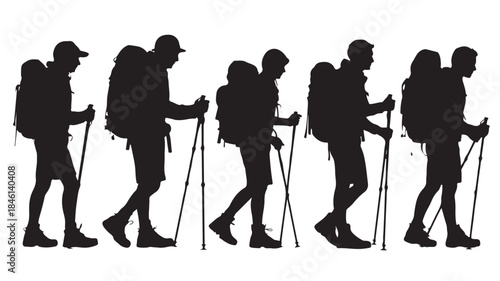 Hikers Walking with Backpacks and Trekking Poles Silhouette
