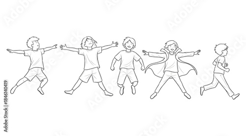 Line drawing of five children in playful poses including running, arms outstretched, and imaginative superhero cape, symbolizing childhood joy, creativity, imagination, friendship, activity, and youth