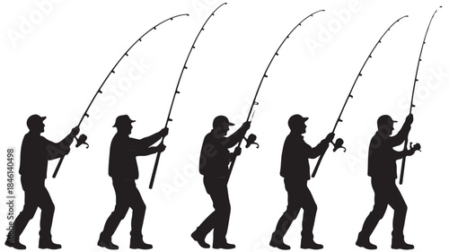 Man Fishing with Rod in Silhouette on White Background