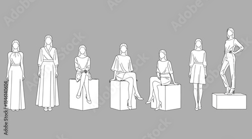 Stylized monochrome female figures in varied poses and outfits including dresses and casual wear, standing and seated on blocks, representing fashion, character modeling, posture, lifestyle, and artis
