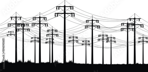 Utility pole silhouette vector, power line network illustration, electricity infrastructure design, energy distribution system, urban grid layout, engineering concept