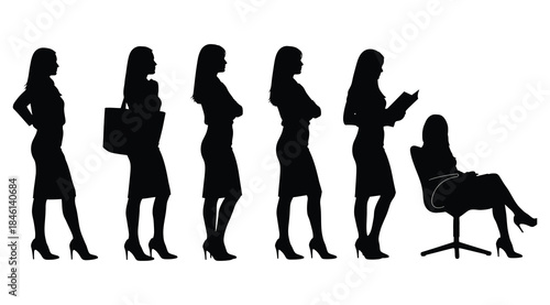Silhouettes of professional figure in six poses including walking, holding bag, crossing arms, reading document, standing confidently, and seated relaxed, symbolizing workplace demeanor, career progre