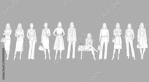 Silhouettes of eleven women in varied clothing styles standing and seated, representing fashion evolution across decades, cultural attire diversity, design history, and stylistic comparison for fashio