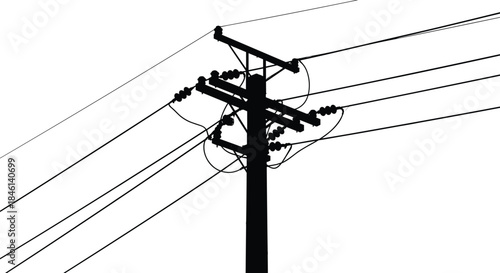 Utility pole silhouette with crossarms, insulators, looping wires, power lines, electrical infrastructure, black vector, urban grid, energy distribution, voltage system