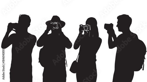 Group of Tourists Taking Photos with Cameras Isolated on White Background