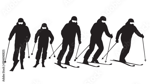 Skiers Silhouettes on White Background, Isolated, Vector Illustration