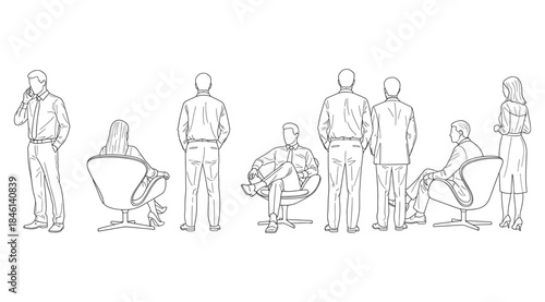 Minimalist line drawing of eight individuals in seated and standing poses with casual and contemplative stances, arranged in a horizontal lineup, illustrating posture, ergonomics, social behavior, and