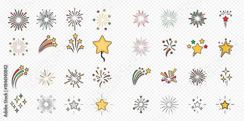 Set of various colorful fireworks, starbursts, and shooting stars icons for celebrations and events.