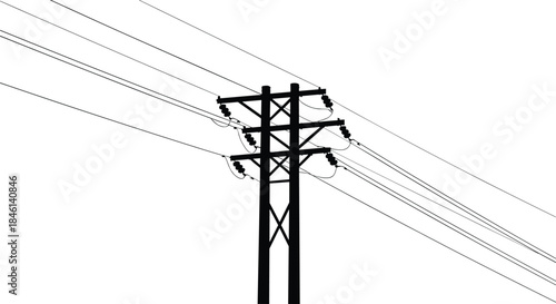 Utility pole silhouette, high voltage lines, electrical infrastructure, power distribution, crossarm structure, insulators, black vector, transmission support, urban grid, energy network