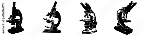 Set black and white silhouette microscope vector for science and research. Ideal for laboratories, biology, education, and medical icons.