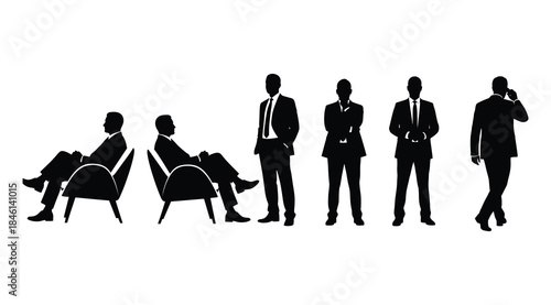 Black silhouettes of six business professionals in seated and standing poses including armchair meeting, walking with phone, and upright stances, symbolizing workplace communication, corporate culture